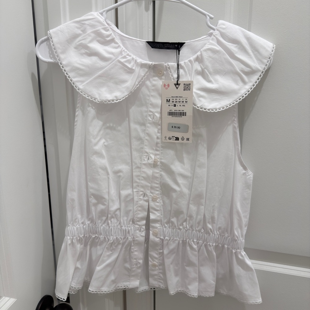 Zara White Sleeveless Blouse with Peter Pan Collar